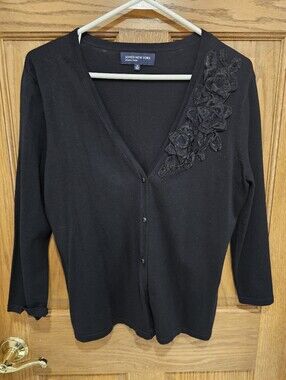 Jones New York Black Floral-Appliqué V-Neck Cardigan